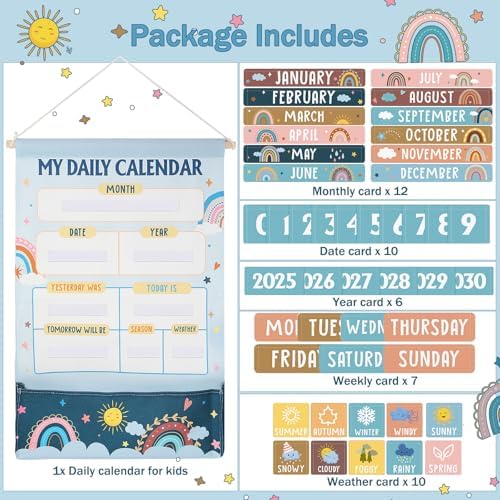 Blosssound 48 Pcs Learning Calendar Wall Chart My Daily Calendar for Kids Retro Hippie Boho Interactive Pocket Chart with Cards for Toddlers & Kids Circle Time Board for Classroom Preschool Learning - Image 4