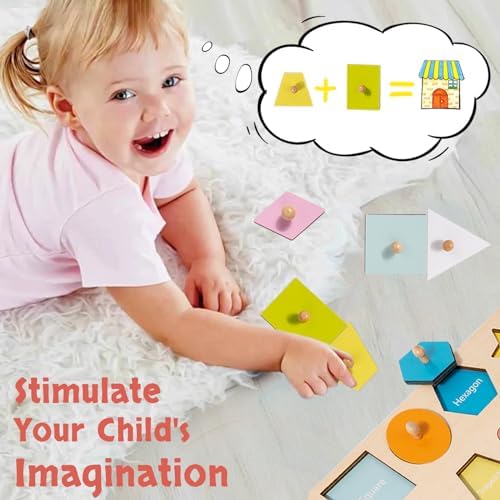 Montessori Toy for Babies 12-18 Months Wooden Shape Puzzles for Toddlers 1-3,Shape Peg Puzzles,Baby Puzzle 12-18-24 Months with Knob,Color & Shape Sorter for Toddlers(12 Geometric Shapes) - Image 5