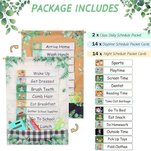 Blosssound Visual Schedule for Kids Daily Routine Chart Reversible Chore Chart Eucalyptus Morning Evening Routines Pocket Charts with 28 Cloth Cards for Home School Preschool Children with Autism - Image 3