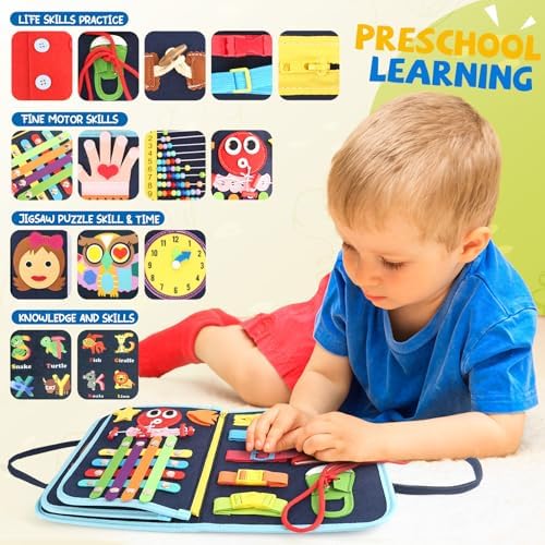 Toddler Busy Board, Montessori Sensory Toys for Boys, 3-8 Year Old Girl Toddler Travel Toys, Educational Learning Activities Board for Motor Skills, Birthday Gifts for Airplane Car, Pink - Image 4
