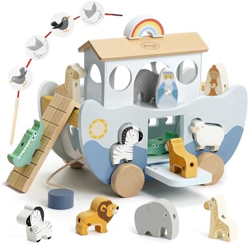 Joyreal Wooden Noah's Ark Toy for 1 Year Old Baby Boy and Girl Baptism Gift by Joyreal