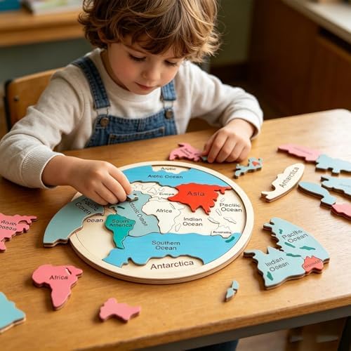 Map Puzzle - Wood Continents Shape Matching Toy,Colorful Geography Jigsaw Puzzles for Kids Children Boys Preschool Kindergarten Home Playroom - Image 2