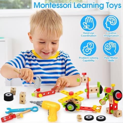 Kids Tool Set with Electric Drill, 46 Pcs Wooden Toddler Play Tools Set with Tool Box, Montessori STEM Educational Construction Building Toy for 3 4 5 6 Year Old Boys Girls Birthday Gifts - Image 6