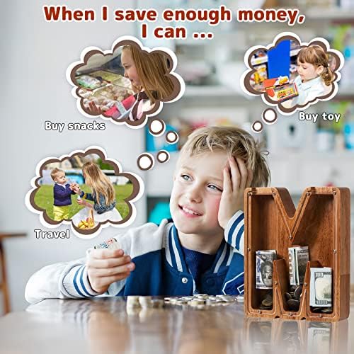 Personalized Large Wooden Kids Letter Piggy Bank - (Laser Engraved) Custom Piggy Bank for Boys Girls - Wooden Banks with Initials - Alphabet Money Box Bank Birthday Letter M Bank - Image 5