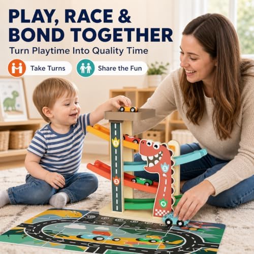 Wooden Dinosaur Car Ramp Toy with Road Puzzle and 6 Cars, Ages 18M+ - Image 2