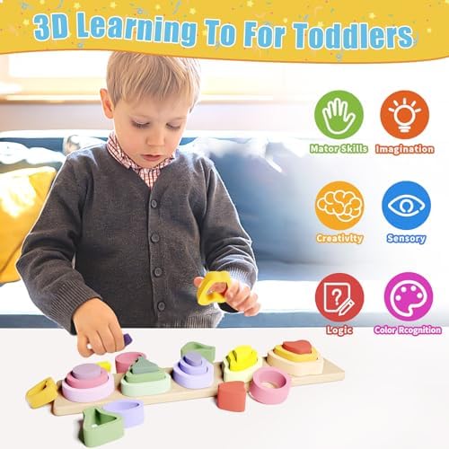 Symdiro Montessori Toys for 1 2 3 Year Old Boys Girls - Wooden Sorting & Stacking Toys for Kids - Toddler Toys Age 1-3 - Shape Sorter and Color Stacker Preschool Kids Gifts - Image 2