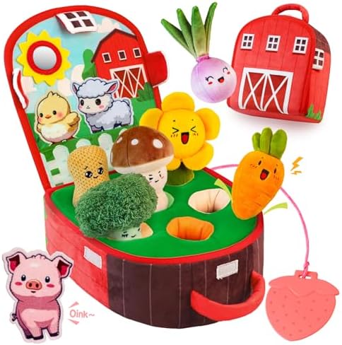 Baby Toys 6-12 Months, Farm Vegetable Garden Plush Toy with Animal Finger Puppets, 6 Month Old Montessori Sensory Toys with Rattles, Squeaker, Textures, Teether, Birthday Boy Girl Gifts by Teekdeer