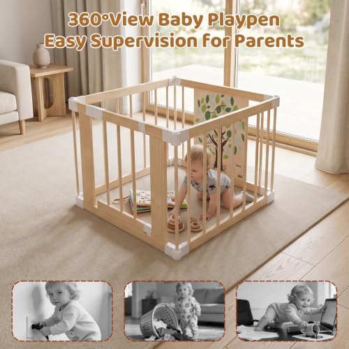 Wooden Baby Playpen with Child Safety Lock, 4-Panel Adjustable Foldable Play Yard for Toddlers, Tree Activity Board Montessori Playpen, Portable Indoor Baby Fence & Activity Center for Infant - Image 7