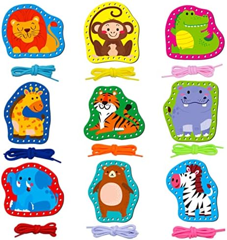 SpriteGru 9 Pieces Kids Lacing Cards, Double Sided Sewing Cards in 9 Wild Animals with 9 Colorful Laces, Imagination Development Lacing Toys Games for Children Educational and Learning Activity by SpriteGru