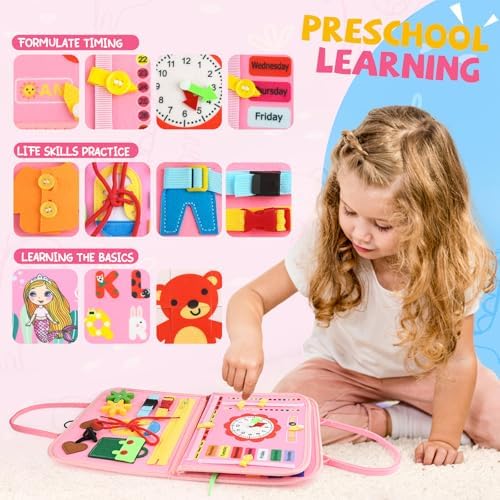 Children Busy Board, Montessori Sensory Toys for Boys, 3-8 Year Old Girl Kids Travel Toys, Educational Learning Activities Board for Motor Skills, Birthday Gifts for Airplane Car, Pink - Image 4