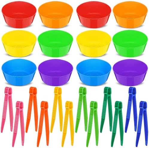 VioraWhite 24 Pcs Sorting Bowls with Tweezers, 6 Color Counting Toy Develops Fine Motor Skills, STEM Early Math Activity Set for Preschool Kids, Ideal for Back to School Learning by VioraWhite