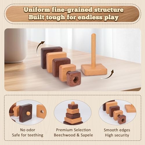 Adena Montessori Wooden Stacking Toy, Square Type, 12m+ - Image 4