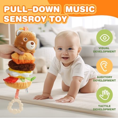 Jollybaby Baby Musical Pull String Hanging Toys for Stroller Car Seat Crib Play Gym, Plush Stuffed Hamburg Bear Toy for Carseat with Music Teether Crinkle, Sensory Toy for 0-6-12-18 Months Baby Gifts - Image 2