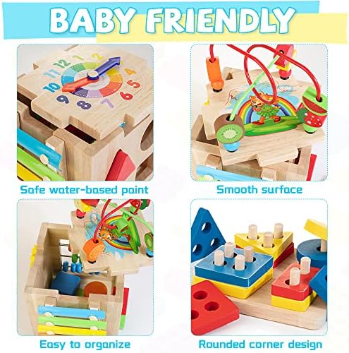 Bravmate Wooden Activity Cube, 8-in-1 Wooden Montessori Learning Toys for 18 M+ Toddlers, One Year Old First Birthday Gift, Baby Toy Set with Bonus Sorting & Stacking Board - Image 3