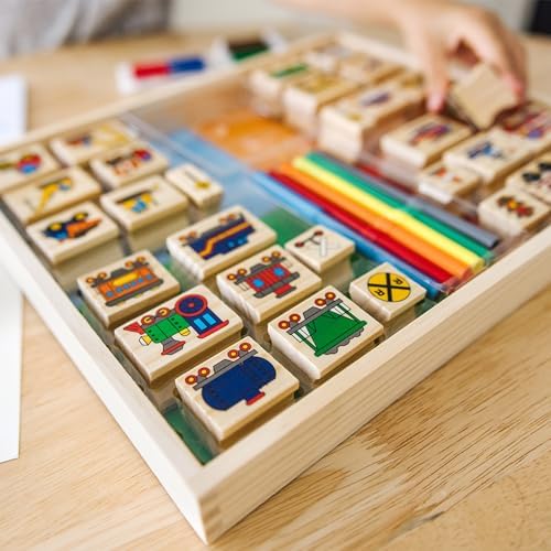 Melissa & Doug Deluxe Wooden Stamp and Coloring Set – Vehicles (30 Stamps, 6 Markers, 2 Durable 2-Color Stamp Pads) - Image 2