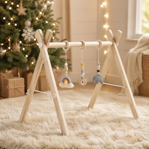 Wooden Baby Gym with 3 Handmade Hanging Toys, Natural Solid Wood Baby Play Gym for Tummy Time & Sensory Play, Foldable No-Tools Activity Gym for Babies 0-12 Months, Baby Shower Gift - Image 3