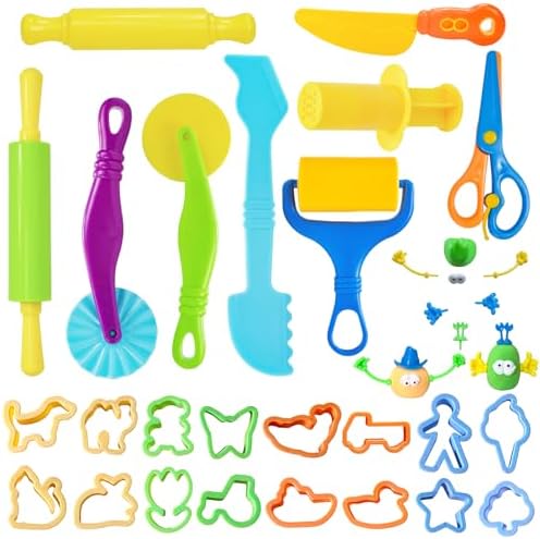 LCY WEDSHI Dough Tool Set, 32 Pcs Dough Tools Sets for Kids Ages 4-8, Dough Accessories Includes Animal Molds, Cutters Roller, Rolling Pins, Safety Scissors, Plastic Knife by LCYWEDSHI