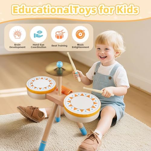 Toddlers Drum Set Toy Kids Wooden Jazz Drum Montessori Musical Instruments - Image 3