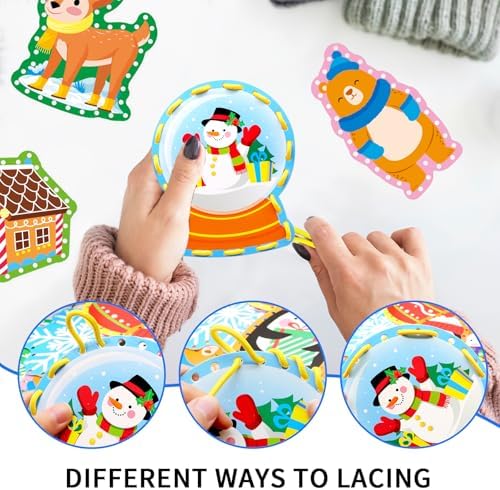 Winter Animal Lacing Cards For Kids 12 Packs Double Sided Sewing Kits Christmas Sewing Cards Educational & Learning Activities Fine Motor Skill for Boys Girls School Winter Holiday Party Supplies - Image 5