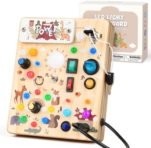 LED Busy Board for Toddlers 1-3,Montessori Toy with Key Switch, Light Up Wood Activity Sensory Board for Fine Motor Skills, Educational Travel Toy Gift for 1 2 3 Year Old Boys Girl by Sanlebi