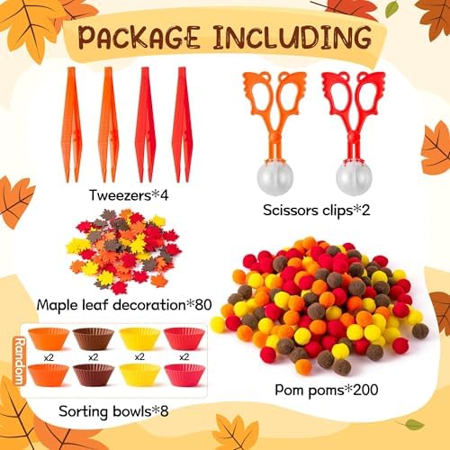 EZdhuawuse Fall Sensory Bin Fillers - 294P Fall Thanksgiving Fine Motor Toys Counting Sorting Set for Kids Autumn Counting Toy with Felt Maple Leaf Pom Poms Cup Clip for Preschool Education Activities - Image 3