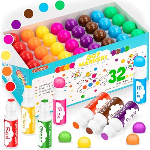 Soucolor 32-Pack Washable Dot Markers for Kids & Toddlers 8 Vibrant Colors by Soucolor