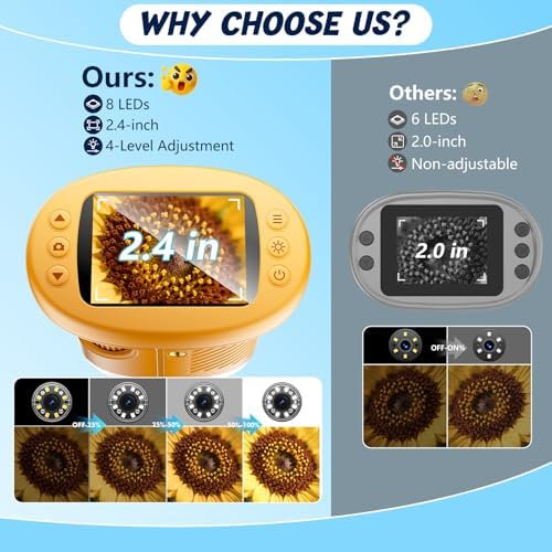 Odatay 4K 1000X Digital Microscope for Kids with 32G Card, Long Distance Viewing & 2.4" Screen Portable Handheld Edu Toys for Age 3-12 Exploring Bugs Plants at Home Classroom & Outdoor Travel, Yellow - Image 2