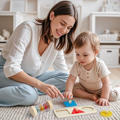 Toyssa Wooden Montessori Toys for Babies12 months with Rainbow Color and Mirror Spinning Drum/Baby Shape puzzle 12+ months/Sensory Toy Rain Rattle, Montessori Toys Gifts for Toddlers 1 Years Old - Image 5