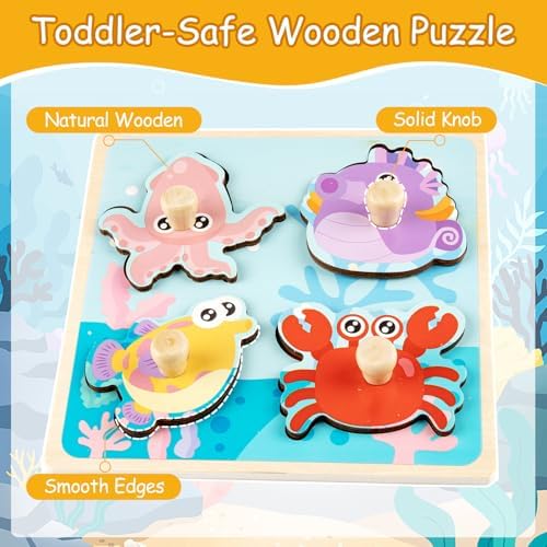 Wooden Toddler Puzzles - 4 Pcs Eco-Friendly Animal Patterns Jigsaw With Handles - Infant Kid Fine Motor Skill Learning Educational Montessori Toys for 1-3 Years Old - Image 5