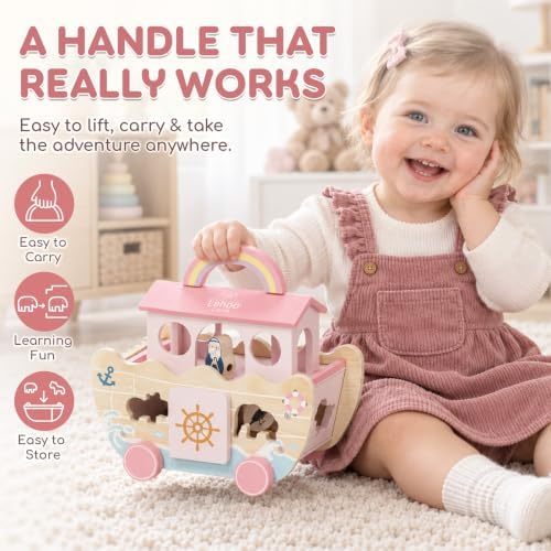 Lehoo Castle Pink Wooden Noah's Ark Toy for 1 Year Old Girl, Baptism Gift - Image 7