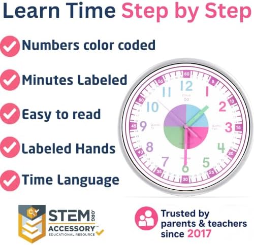 OWLCONIC Pink Wall Clock - Learning Clock for Girls, Silent 10in Homeschool - Image 3
