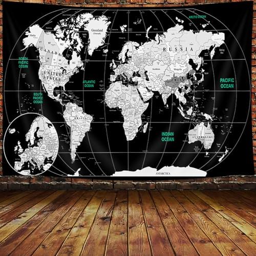 World Map Wall Art for Kids, Educational Tapestry with Countries, Cities, Topography - Asia, Europe, America, Africa, Japan - 40x30 Inch (Black) by JAWO
