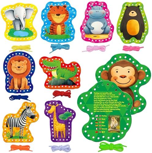 SpriteGru 9 PCS Kids Lacing Cards, 9 Double Sided Wild Animals Sewing Cards with 9 Colorful Laces, Educational & Learning Toys for Preschoolers, Kids Ages 3+ by SpriteGru