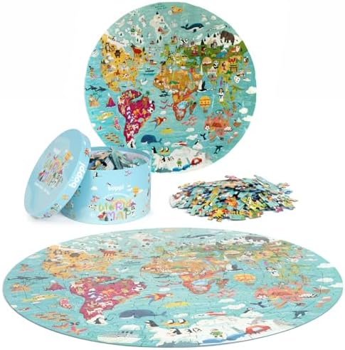 boppi World Map Round Jigsaw Puzzle with 100% Recycled Card 150 Pieces with Animals for Children 5 6 7 8 Years 58cm Diameter - Image 2