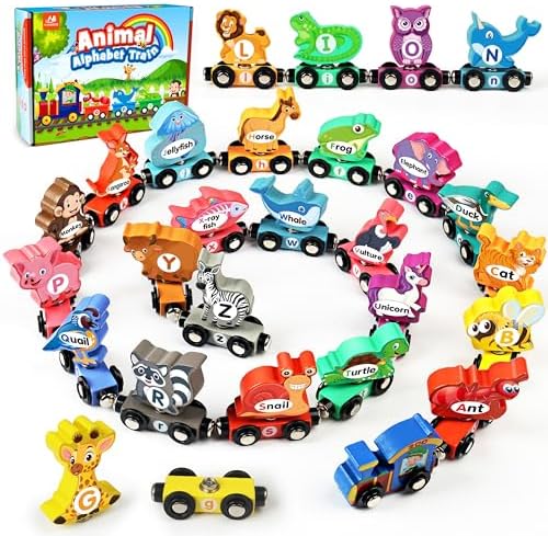 Vanmor Wooden Alphabet Train Set for Toddlers 3-5, Magnetic Animal ABC Train with Uppercase & Lowercase Letter Matching, Montessori Phonics Learning Toy for Preschool & Kindergarten Boys Girls by vanmor