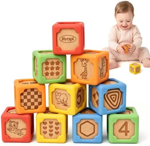 Joyreal Silicone Wooden Baby Blocks, 10PCS Montessori Stacking Blocks for Babies 6-18 Months, 1.7" Beech Wood Sensory Learning Toy with Animals, Numbers, Textures, Soft Chewable, Laser Engraved by Joyreal
