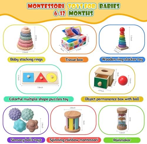 Montessori Toys for Babies 6-12 Months,1 Year Old,8 in 1 Learning Educational Set Wooden Sensory Toys for Baby Toys 12-18 Months (Includes Tissue Box Toy,Rainmaker and More) - Image 3