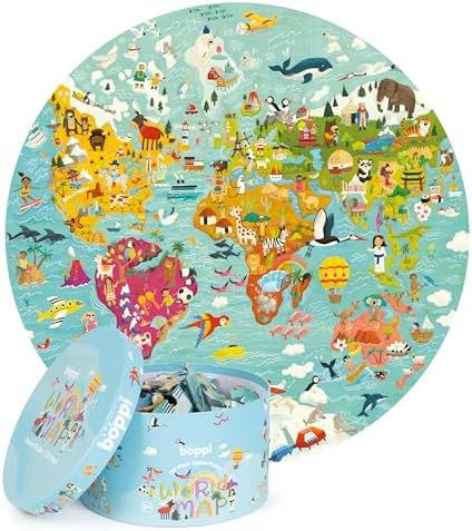 boppi World Map Round Jigsaw Puzzle with 100% Recycled Card 150 Pieces with Animals for Children 5 6 7 8 Years 58cm Diameter by IndoorOutdoorKidsToys