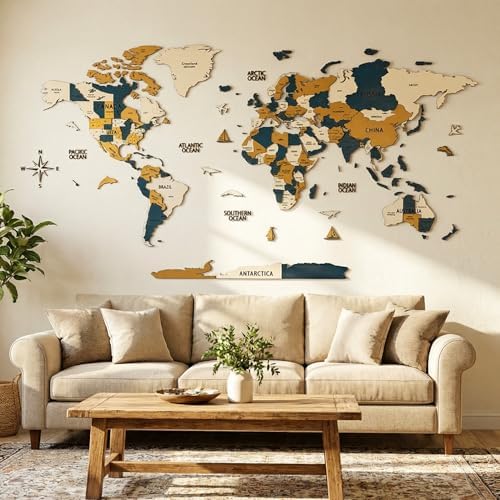 Colorfull Worlds 3D Wooden World Map Wall Art | Unique Wall Decor with Pins for Travel Enthusiasts | Home and Office Wall Décor | Gold-Blue | Large - Image 7