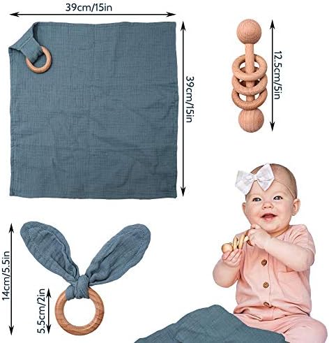 TANOFAR Muslin Baby Lovey Blanket, Wood Rattle, 3 Pack Montessori Gift, Navy Blue, Cotton, Double Gauze, Baby Shower, Gender Neutral Gift - Image 4