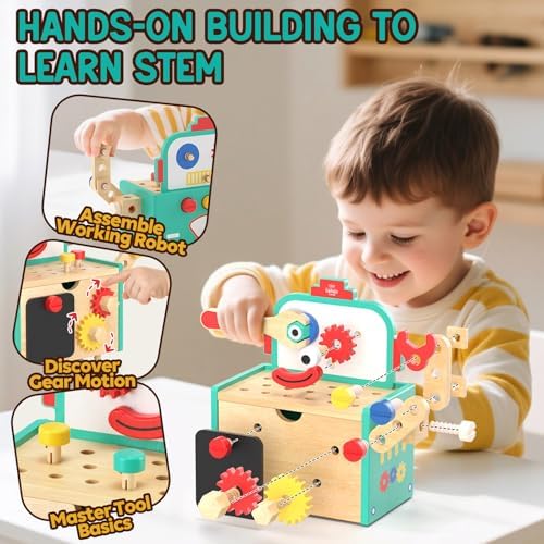 Lehoo Castle Kids Tool Set, Wooden Montessori Robot Tool Bench for Boys 3+ - Image 3