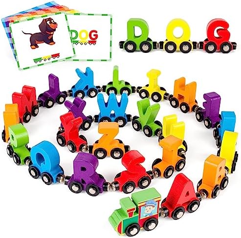 Vanmor 27 PCS Magnetic Wooden Alphabet Train Sets | ABC Letter Learning Toy Trains with 42 PCS Flash Cards, 1 Engine, 1 Storage Bag | Toddlers Kids Boys Girls Educational Toys for 3 4 5 6 7 Years Old by vanmor