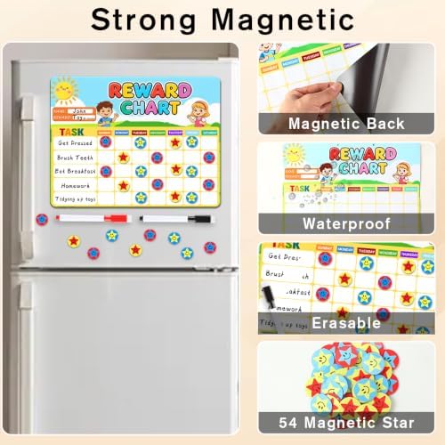 Magnetic Reward Chart, Dry Erase Weekly Behavior Chore Chart with 54 Magnets Star Stickers 2 Markers, Reusable Fridge Responsibility Incentive Daily Routine Task Tracker for Potty Training Home School - Image 2