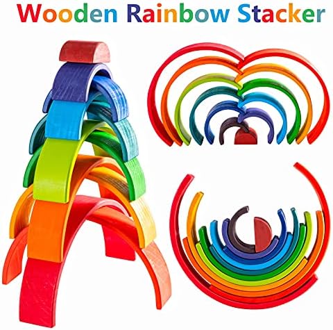 Wooden Rainbow Stacking Toy - 12 Pieces Extra Large Montessori Wooden Stacking Arch Educational Toys, Nesting Puzzle Building Blocks for Kids Toddlers (Rainbow Stackers) - Image 3