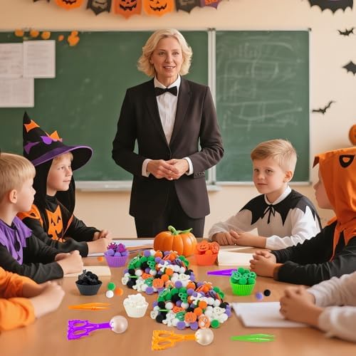 EZdhuawuse Halloween Sensory Bin Fillers - 269P Halloween Fine Motor Toys Sorting Stacking Toys for Kids, Glitter Felt Pumpkin Black Cat Hat Pom Poms for Preschool Education Early Development Activity - Image 5