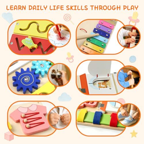 Montessori Busy Board for Toddlers 1-3, 2 Pcs Wooden Sensory Activity Board - Image 6