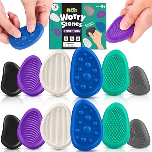 Fidget Toys Adults Sensory Stones: 12 Pack Textured Worry Stone for Autism Kids Calming Down - Fidget Stress Toys for Stress Reduce - Students Prizes Fidget Toys by KLT