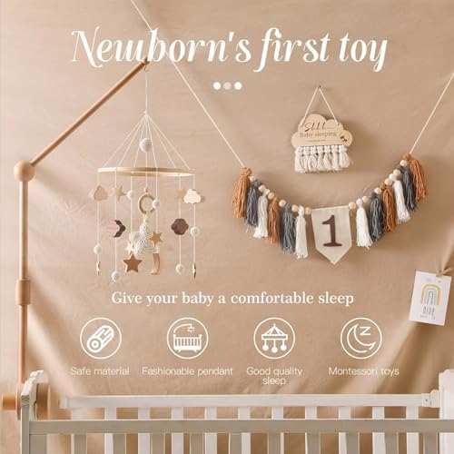 Wooden Bed Bell Crib Mobile with Music Box – Soft Felt Cartoon Bear Hanging Rattle Toy for Nursery Decor, Handcrafted Montessori-Inspired Crib Mobile (Beige) - Image 3