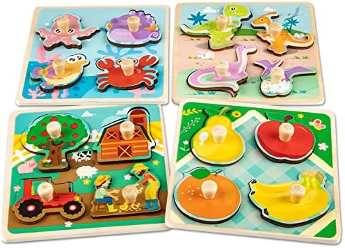 Wooden Toddler Puzzles - 4 Pcs Eco-Friendly Animal Patterns Jigsaw With Handles - Infant Kid Fine Motor Skill Learning Educational Montessori Toys for 1-3 Years Old by Funsland