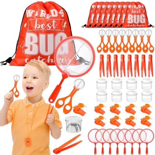 Silipull Bug Catching Kit for Kid Outdoor Explorer Kit Include Catching Scissor Tong Tweezer Clamp Bug Cage Whistle Insect Net Drawstring Bag for Boy Girl Educational Adventure Hunting (Orange,48 Pcs) by Silipull